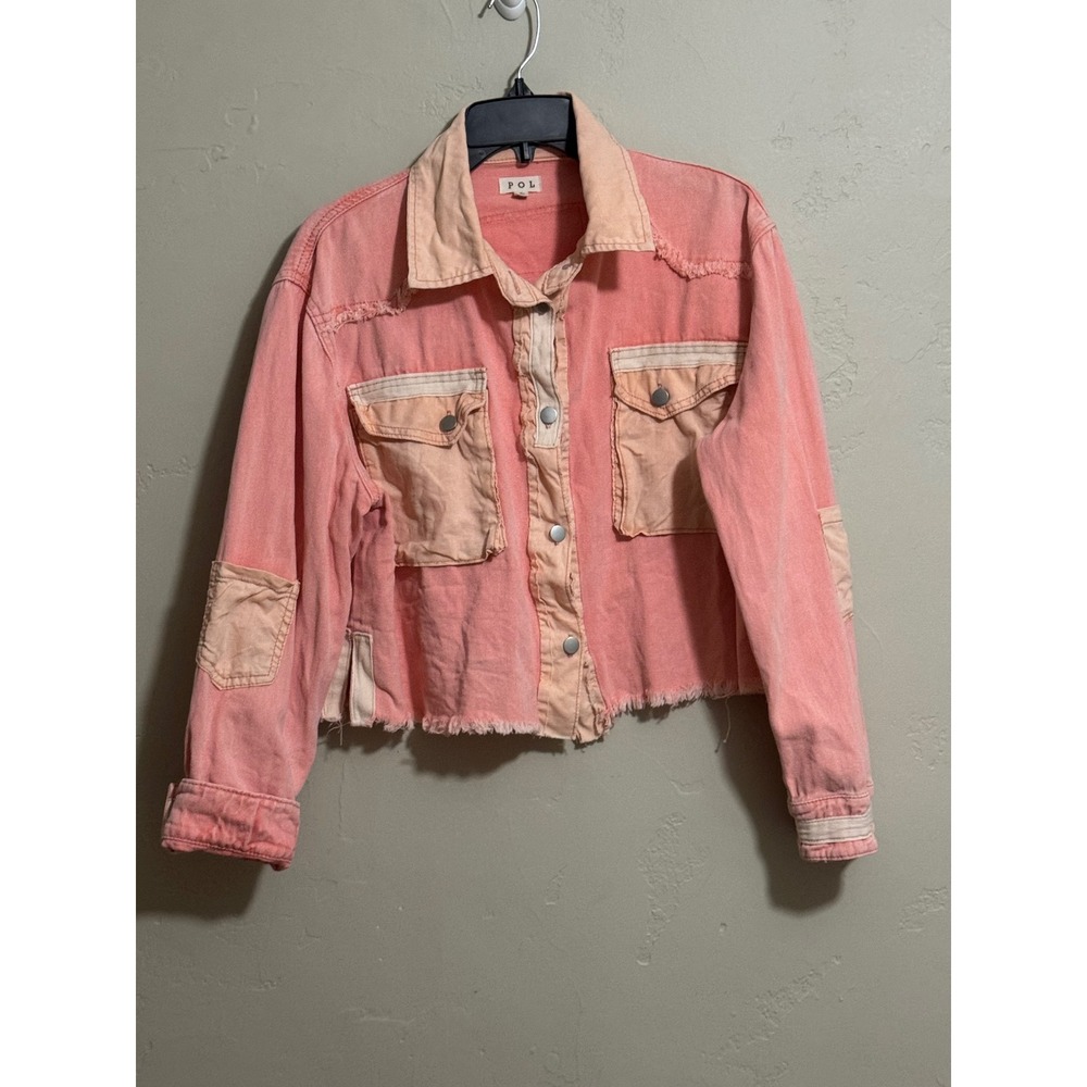 POL Denim S Pink Cropped Shirt Jacket Raw Hem Frayed Two Tone Snap Boho Western
